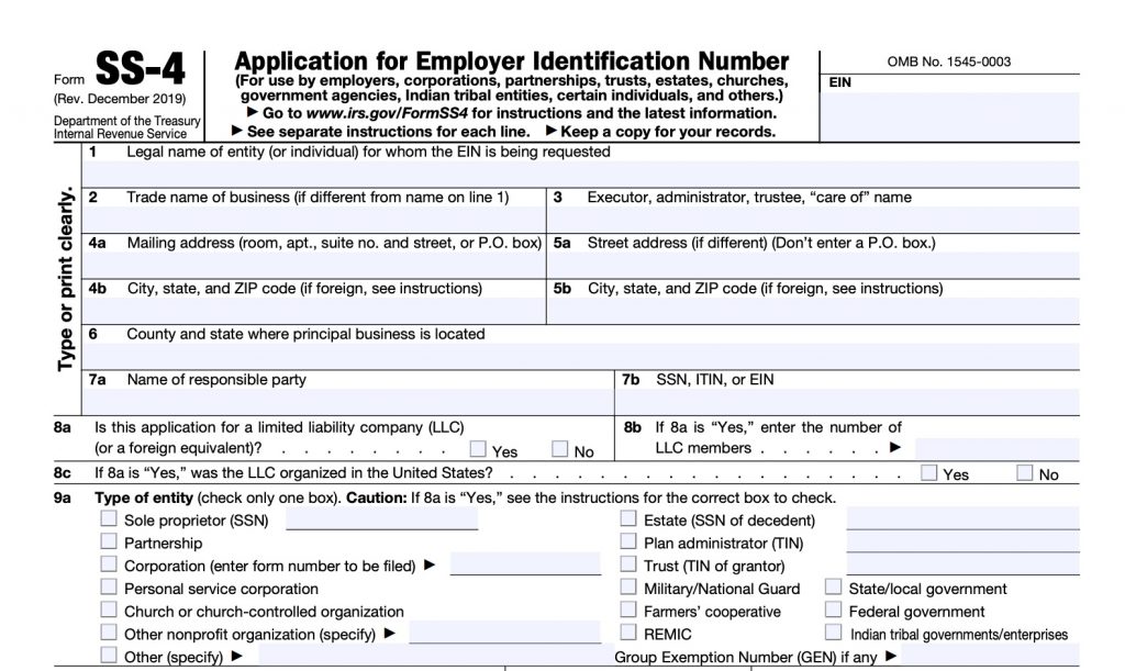 IRS form SS-4 EIN