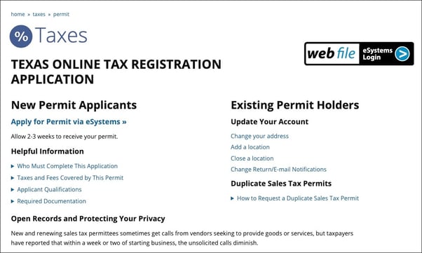 texas business license permit esystem screenshot
